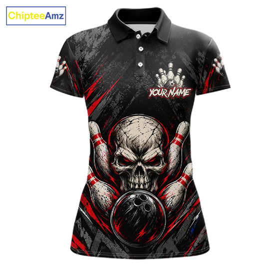 Personalized Black And Red Skull Bowling Polo & 1/4 Zip Shirt For Women Custom Flame Bowler Jerseys NBT1074