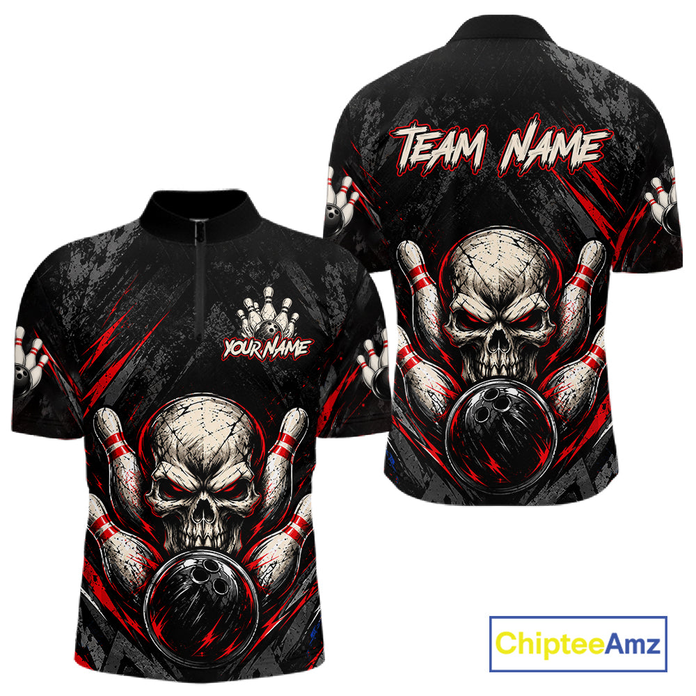 Personalized Black And Red Skull Bowling Polo & 1/4 Zip Shirt For Men Custom Flame Bowler Jerseys NBT1074