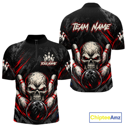 Personalized Black And Red Skull Bowling Polo & 1/4 Zip Shirt For Men Custom Flame Bowler Jerseys NBT1074