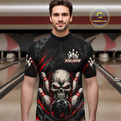 Personalized Black And Red Skull Bowling Polo & 1/4 Zip Shirt For Men Custom Flame Bowler Jerseys NBT1074