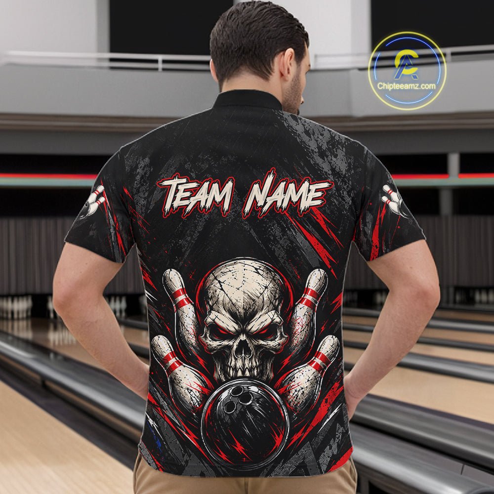 Personalized Black And Red Skull Bowling Polo & 1/4 Zip Shirt For Men Custom Flame Bowler Jerseys NBT1074