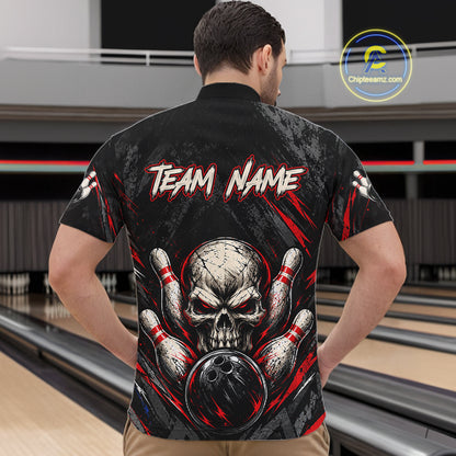 Personalized Black And Red Skull Bowling Polo & 1/4 Zip Shirt For Men Custom Flame Bowler Jerseys NBT1074