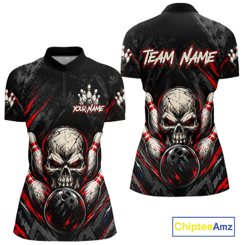 Personalized Black And Red Skull Bowling Polo & 1/4 Zip Shirt For Women Custom Flame Bowler Jerseys NBT1074