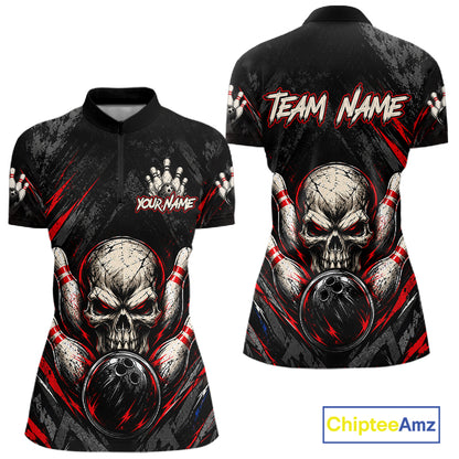 Personalized Black And Red Skull Bowling Polo & 1/4 Zip Shirt For Women Custom Flame Bowler Jerseys NBT1074