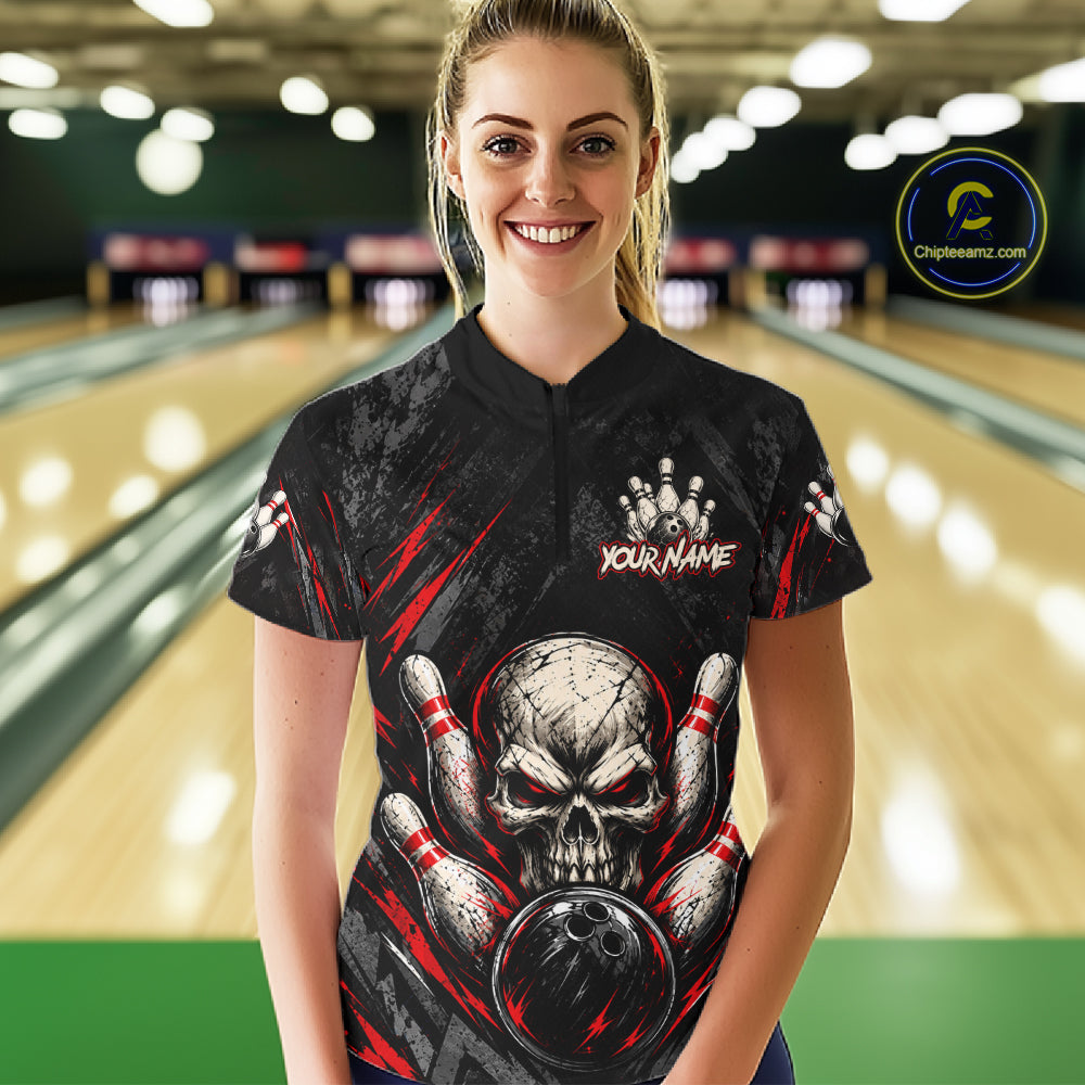 Personalized Black And Red Skull Bowling Polo & 1/4 Zip Shirt For Women Custom Flame Bowler Jerseys NBT1074