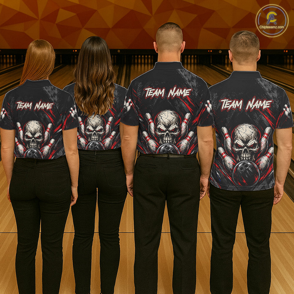 Personalized Black And Red Skull Bowling Polo & 1/4 Zip Shirt For Men Custom Flame Bowler Jerseys NBT1074