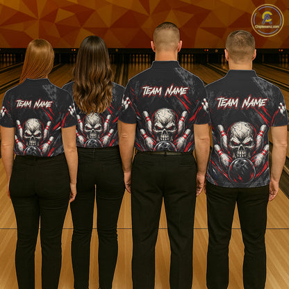 Personalized Black And Red Skull Bowling Polo & 1/4 Zip Shirt For Men Custom Flame Bowler Jerseys NBT1074