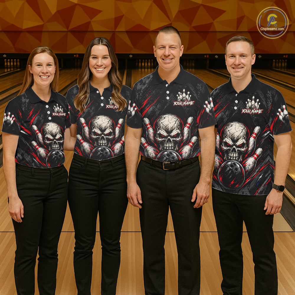Personalized Black And Red Skull Bowling Polo & 1/4 Zip Shirt For Men Custom Flame Bowler Jerseys NBT1074