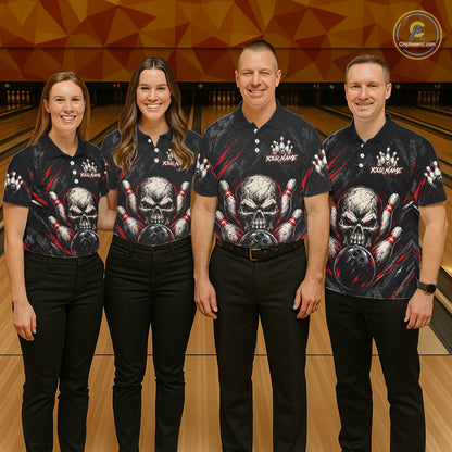 Personalized Black And Red Skull Bowling Polo & 1/4 Zip Shirt For Men Custom Flame Bowler Jerseys NBT1074
