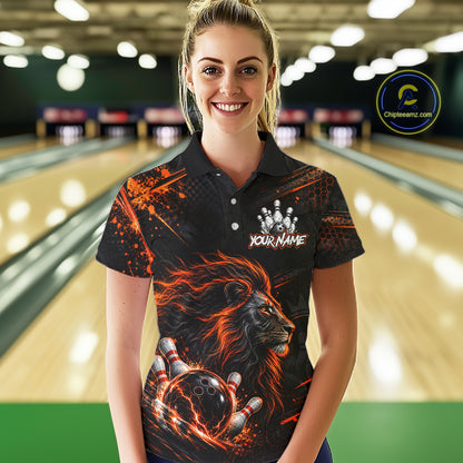 Orange Lion Custom Bowling Polo & 1/4 Zip Shirts For Women, Lion Bowling Team Shirt Bowler Outfits NBT1078