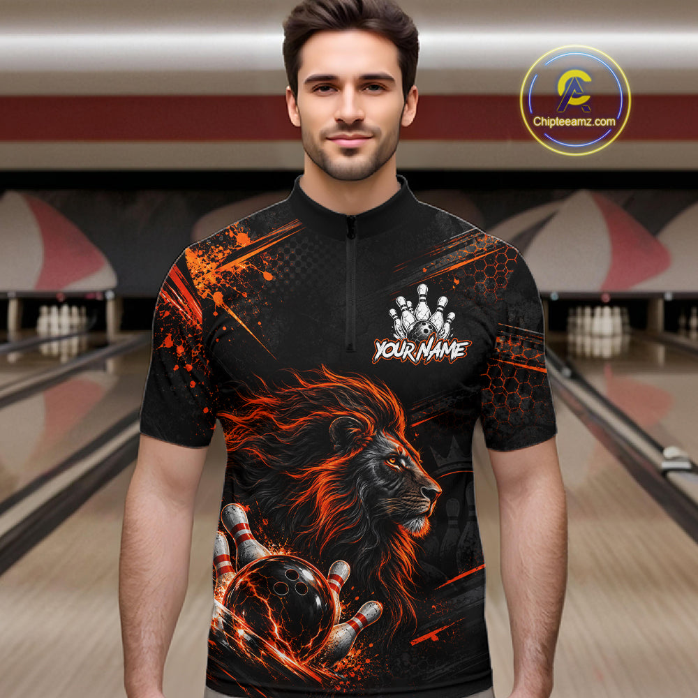 Orange Lion Custom Bowling Polo & 1/4 Zip Shirts For Men, Lion Bowling Team Shirt Bowler Outfits NBT1078