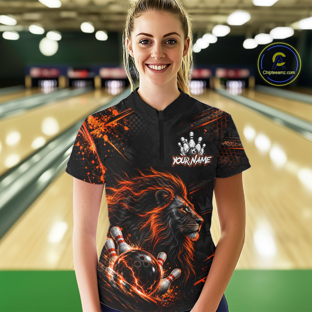 Orange Lion Custom Bowling Polo & 1/4 Zip Shirts For Women, Lion Bowling Team Shirt Bowler Outfits NBT1078