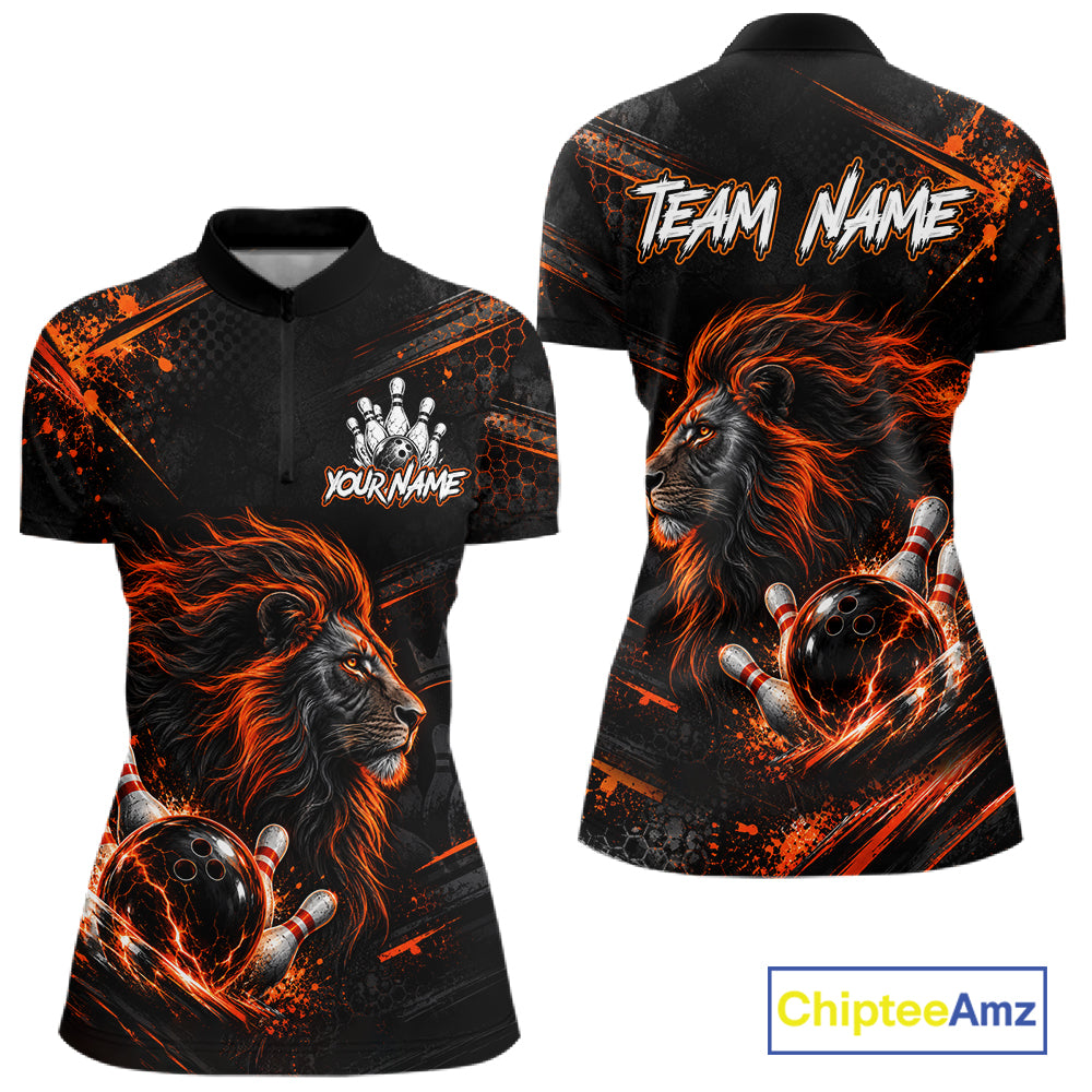 Orange Lion Custom Bowling Polo & 1/4 Zip Shirts For Women, Lion Bowling Team Shirt Bowler Outfits NBT1078