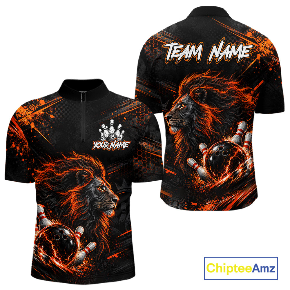 Orange Lion Custom Bowling Polo & 1/4 Zip Shirts For Men, Lion Bowling Team Shirt Bowler Outfits NBT1078