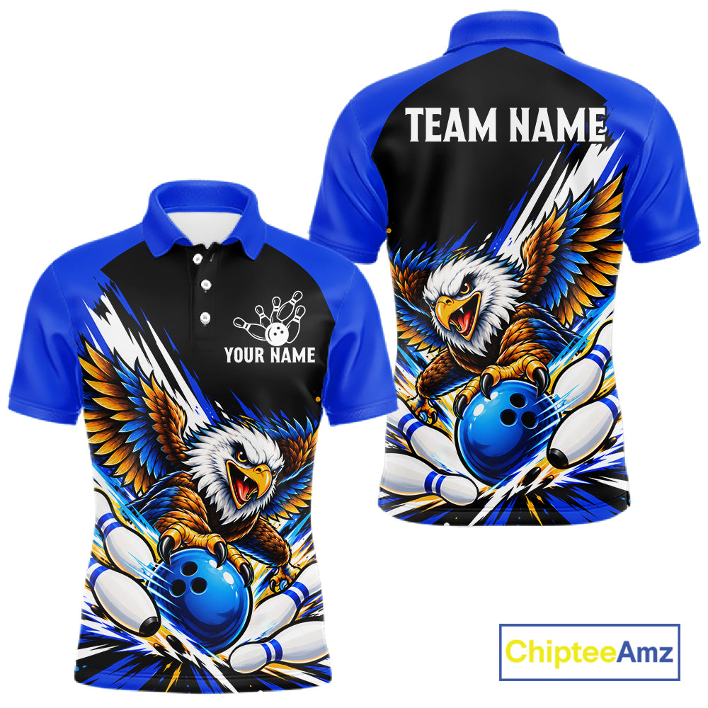 Custom Blue Eagle Bowling Team Shirts For Men, Polo 1/4 Zip Eagle Bowling League Shirt Bowler Outfit NBT1200