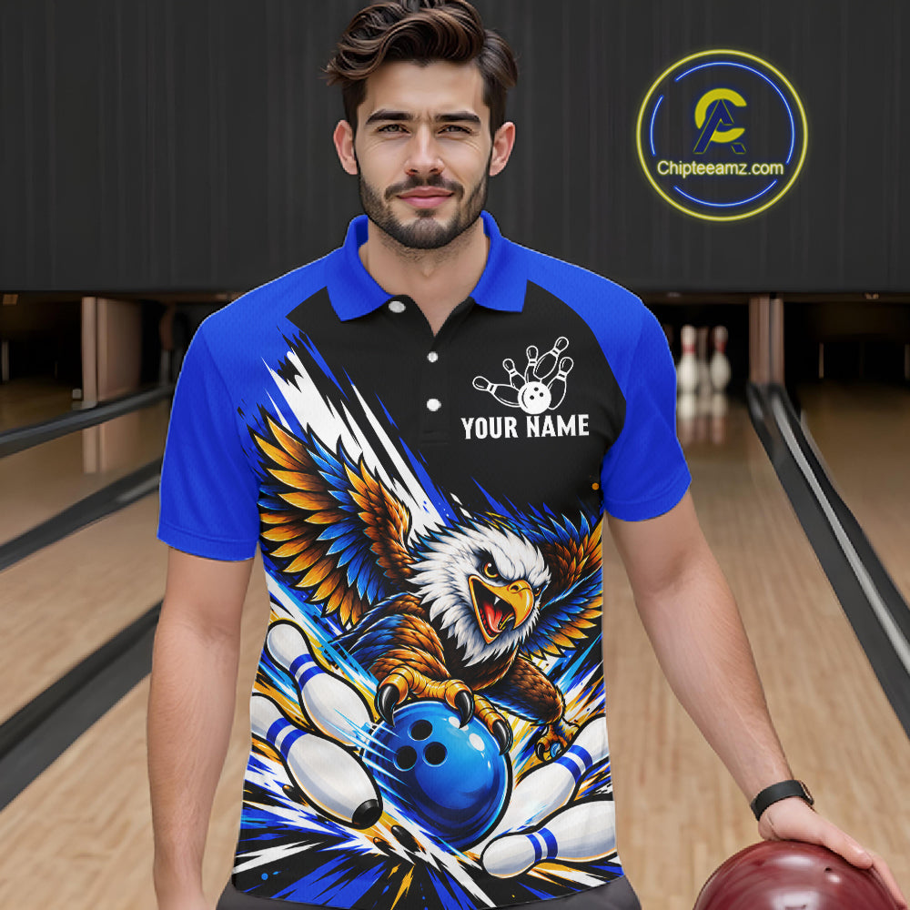 Custom Blue Eagle Bowling Team Shirts For Men, Polo 1/4 Zip Eagle Bowling League Shirt Bowler Outfit NBT1200