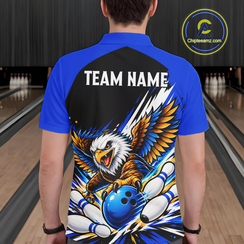 Custom Blue Eagle Bowling Team Shirts For Men, Polo 1/4 Zip Eagle Bowling League Shirt Bowler Outfit NBT1200