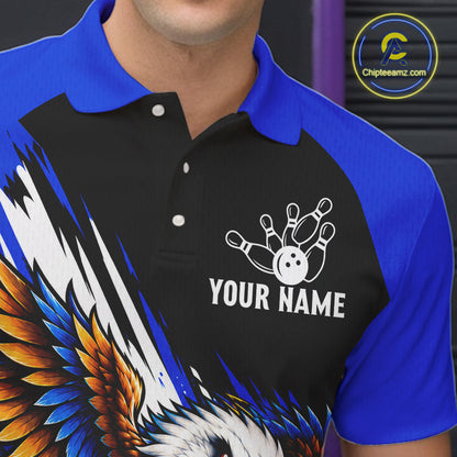 Custom Blue Eagle Bowling Team Shirts For Men, Polo 1/4 Zip Eagle Bowling League Shirt Bowler Outfit NBT1200