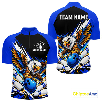 Custom Blue Eagle Bowling Team Shirts For Men, Polo 1/4 Zip Eagle Bowling League Shirt Bowler Outfit NBT1200