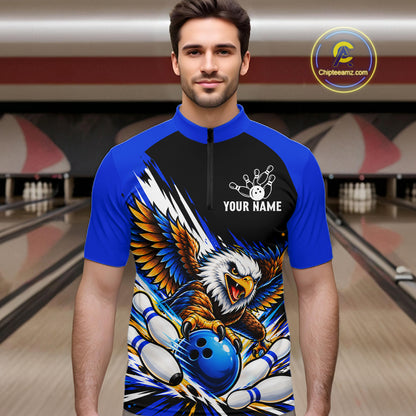 Custom Blue Eagle Bowling Team Shirts For Men, Polo 1/4 Zip Eagle Bowling League Shirt Bowler Outfit NBT1200