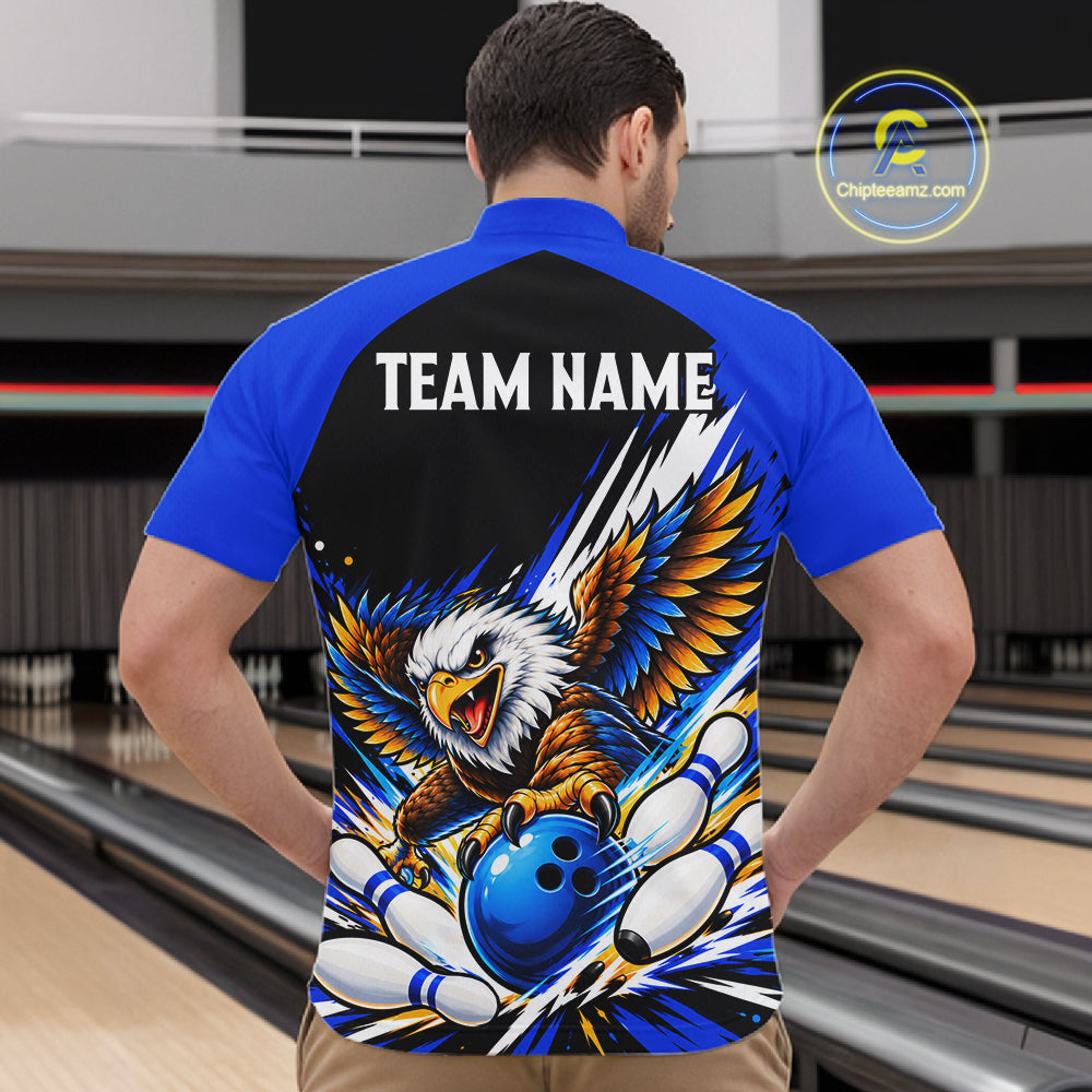 Custom Blue Eagle Bowling Team Shirts For Men, Polo 1/4 Zip Eagle Bowling League Shirt Bowler Outfit NBT1200