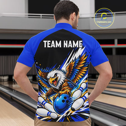 Custom Blue Eagle Bowling Team Shirts For Men, Polo 1/4 Zip Eagle Bowling League Shirt Bowler Outfit NBT1200