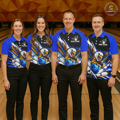 Custom Blue Eagle Bowling Team Shirts For Men, Polo 1/4 Zip Eagle Bowling League Shirt Bowler Outfit NBT1200