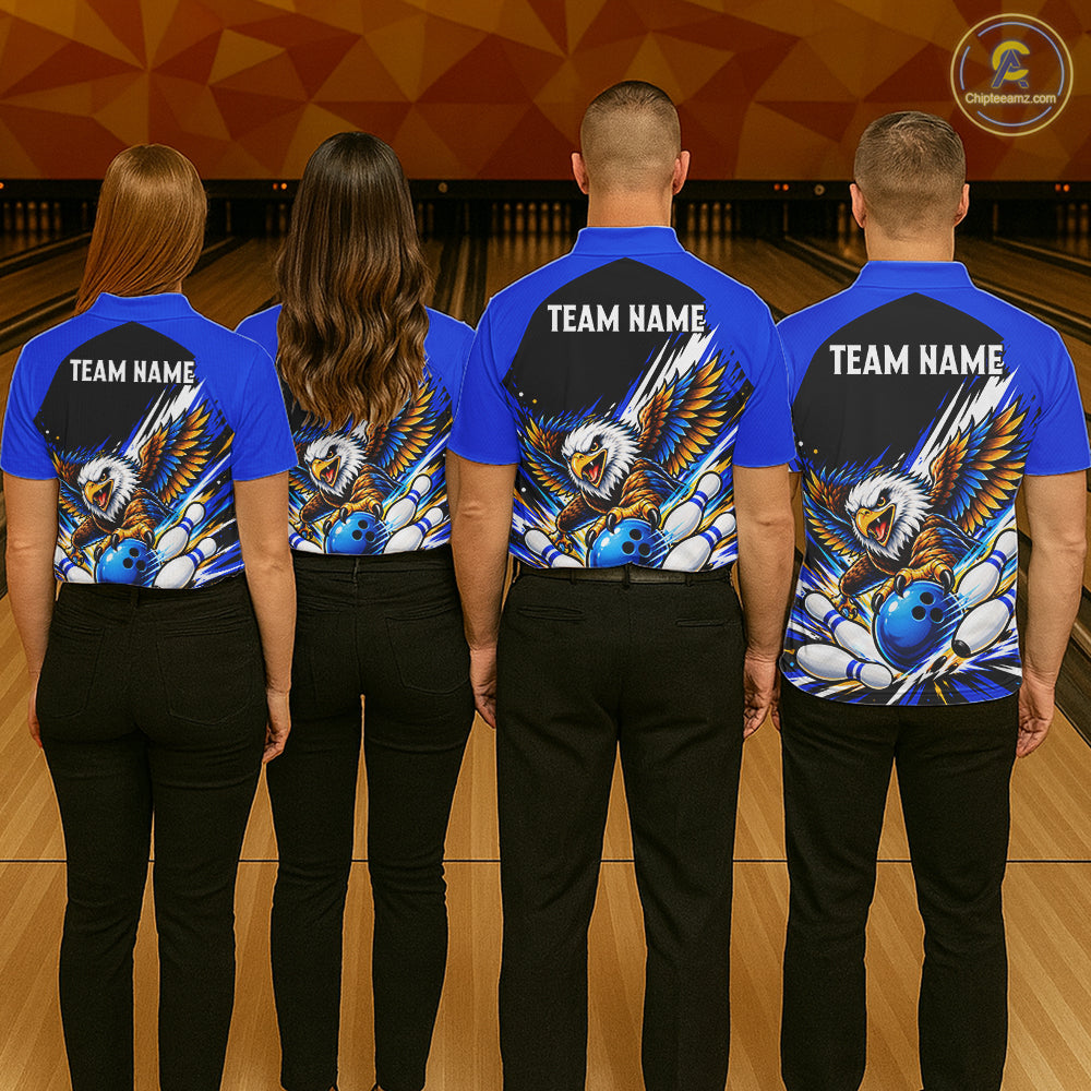 Custom Blue Eagle Bowling Team Shirts For Men, Polo 1/4 Zip Eagle Bowling League Shirt Bowler Outfit NBT1200