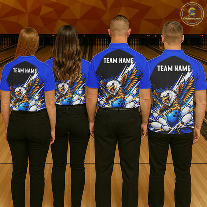 Custom Blue Eagle Bowling Team Shirts For Men, Polo 1/4 Zip Eagle Bowling League Shirt Bowler Outfit NBT1200