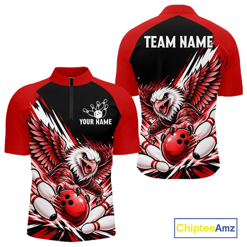 Custom Red Eagle Bowling Team Shirts For Men, Polo 1/4 Zip Eagle Bowling League Shirt Bowler Outfit NBT1201