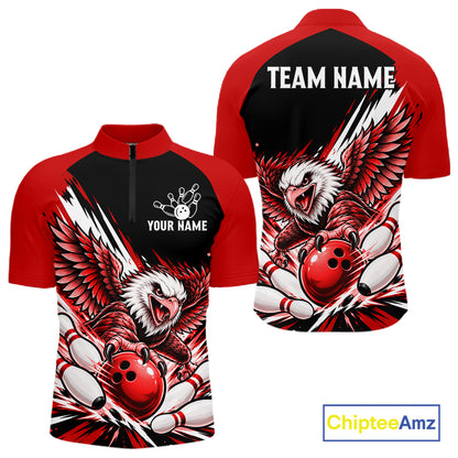 Custom Red Eagle Bowling Team Shirts For Men, Polo 1/4 Zip Eagle Bowling League Shirt Bowler Outfit NBT1201