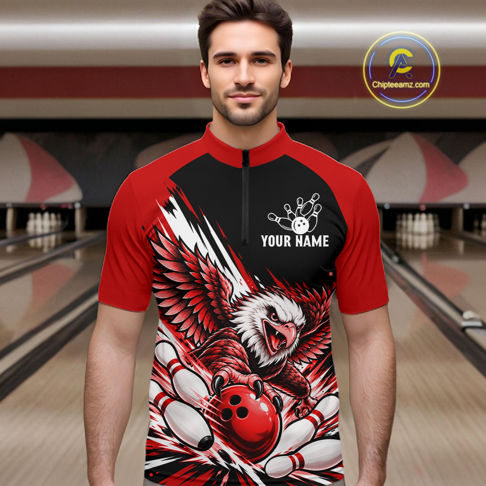 Custom Red Eagle Bowling Team Shirts For Men, Polo 1/4 Zip Eagle Bowling League Shirt Bowler Outfit NBT1201