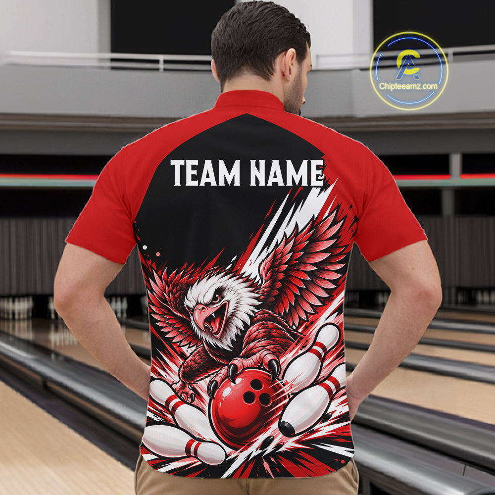 Custom Red Eagle Bowling Team Shirts For Men, Polo 1/4 Zip Eagle Bowling League Shirt Bowler Outfit NBT1201