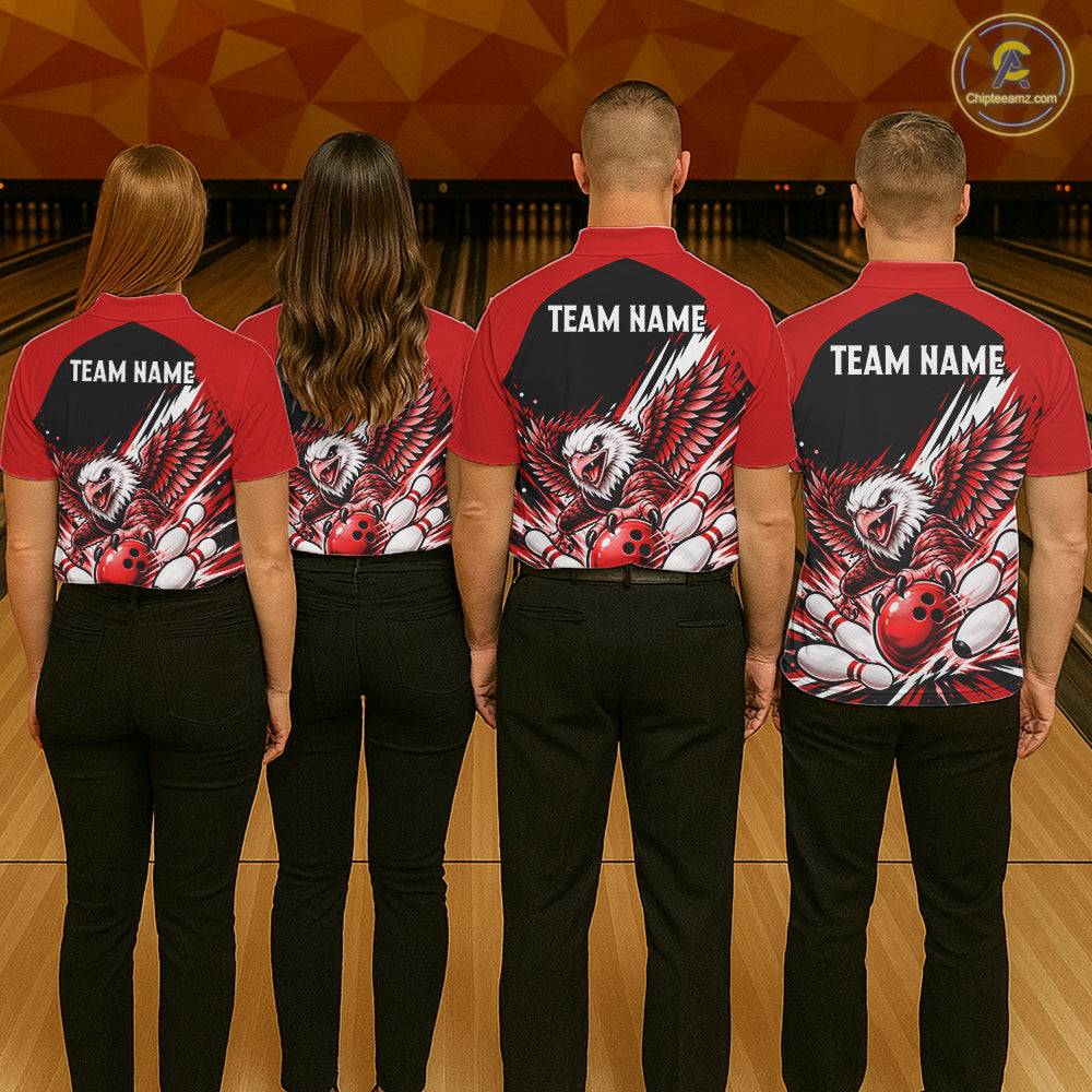 Custom Red Eagle Bowling Team Shirts For Men, Polo 1/4 Zip Eagle Bowling League Shirt Bowler Outfit NBT1201