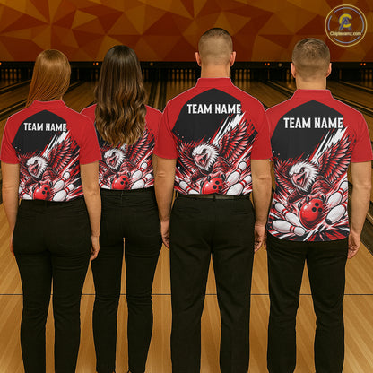 Custom Red Eagle Bowling Team Shirts For Men, Polo 1/4 Zip Eagle Bowling League Shirt Bowler Outfit NBT1201