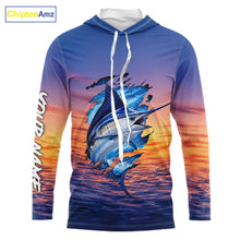 Load image into Gallery viewer, Front view Marlin Fishing Sunset custom long sleeve hooded fishing shirt, marlin offshore fishing apparel with sunset marlin graphic