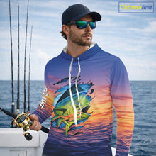 Load image into Gallery viewer, Angler wearing Mahi Mahi Fishing Sunset custom long sleeve hooded mahi mshi offshore fishing shirt on the boat at sunset