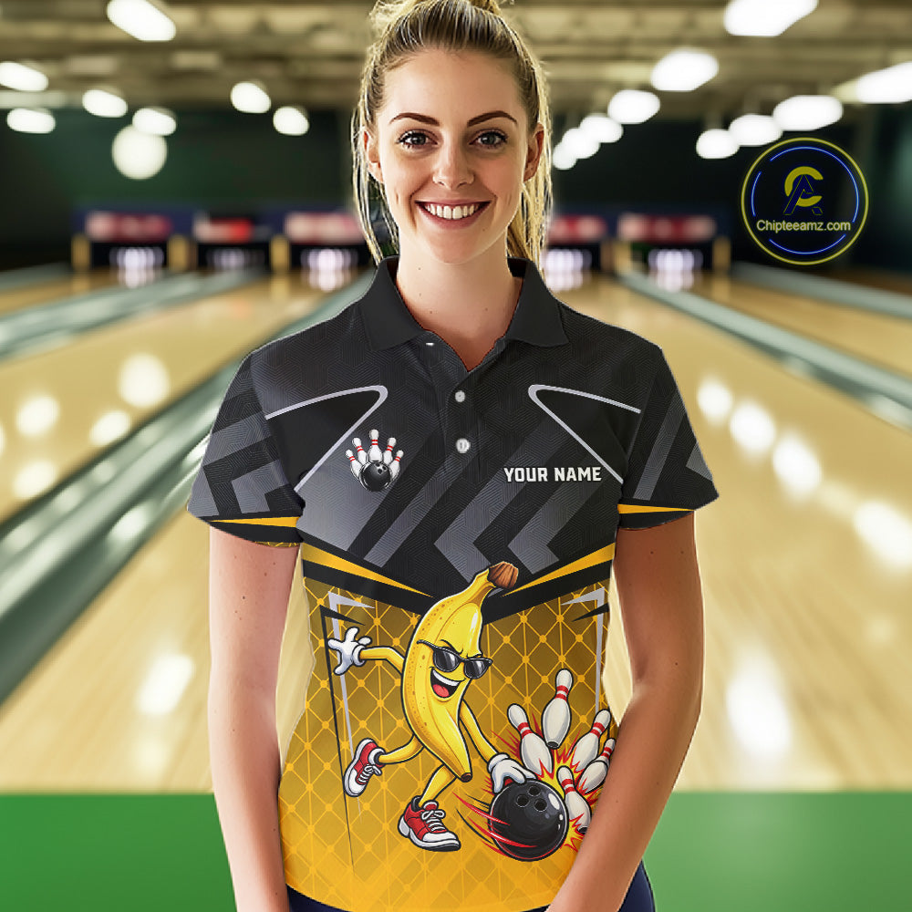 Funny Banana Bowling Shirts Team Women Bowling Jerseys Bowling Polo 1/4 Zip NBT1088