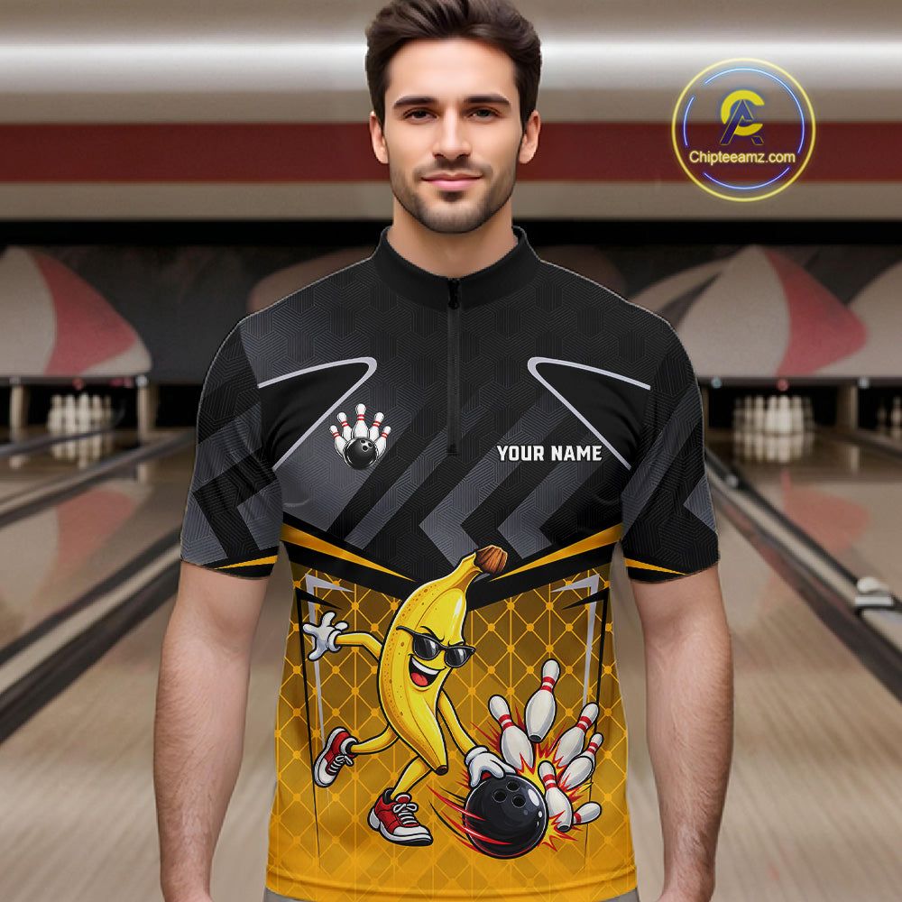 Funny Banana Bowling Shirts Team Men Bowling Jerseys Bowling Polo 1/4 Zip NBT1088