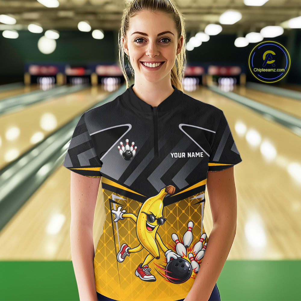 Funny Banana Bowling Shirts Team Women Bowling Jerseys Bowling Polo 1/4 Zip NBT1088