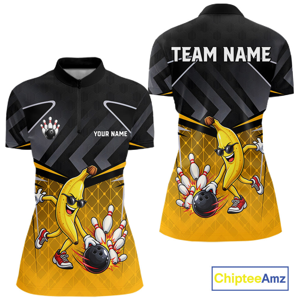 Funny Banana Bowling Shirts Team Women Bowling Jerseys Bowling Polo 1/4 Zip NBT1088
