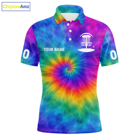 Mens Disc Golf Polo Shirts with Colorful Tie Dye Background Custom Disc Golf Team Shirt, Disc Golf Gift NBT657