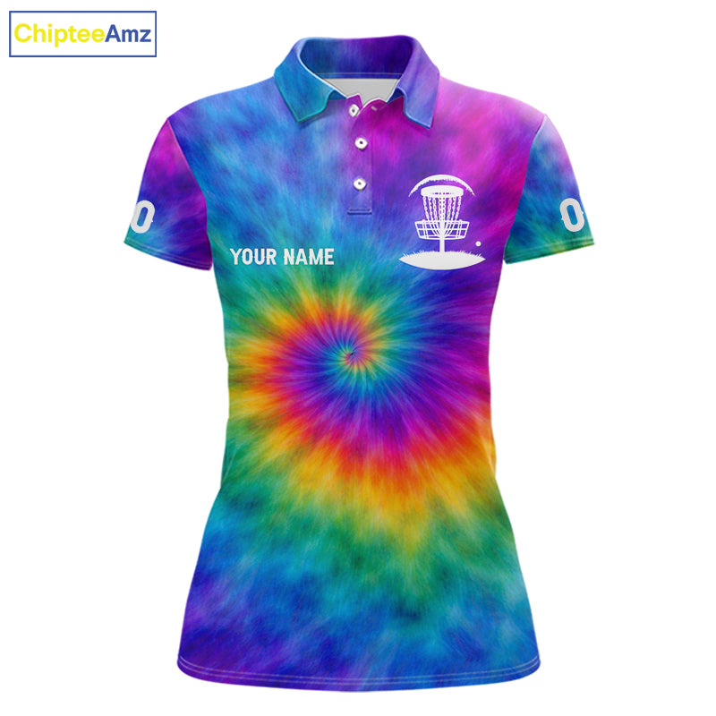 Womens Disc Golf Polo Shirts with Colorful Tie Dye Background Custom Disc Golf Team Shirt, Disc Golf Gift NBT657
