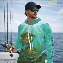 Load image into Gallery viewer, Angler wearing Custom Bluegill Fishing Jersey long sleeve hooded tournament fishing shirt with personalized name on the sleeve.