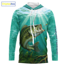 Load image into Gallery viewer, Front view Custom Bass Fishing Jersey long sleeve hooded tournament shirt, bass fishing jersey with UPF protection