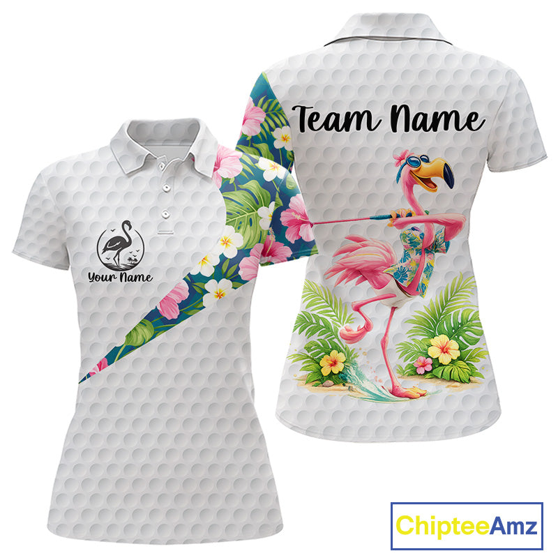 Funny Womens Golf Polo Shirt Custom Tropical Flamingo Pattern White Golf Shirts NBT523