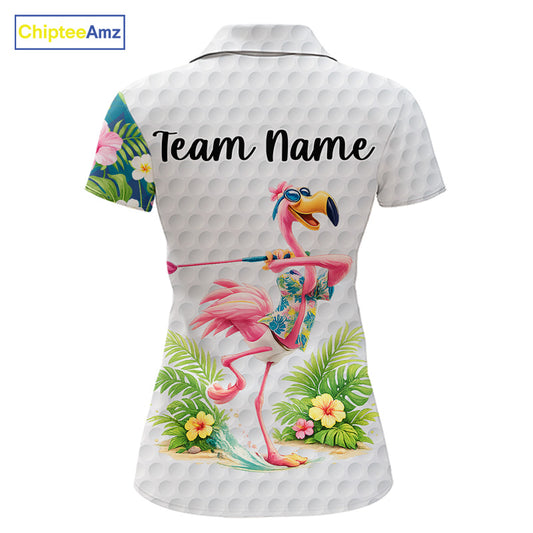 Funny Womens Golf Polo Shirt Custom Tropical Flamingo Pattern White Golf Shirts NBT523