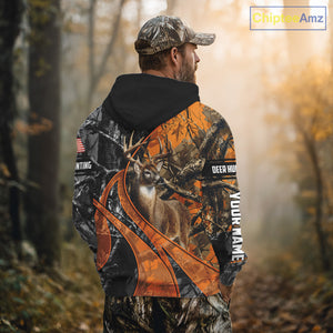 Whitetail Deer Hunting Orange and Black Camo Shirts with US Flag, Personalized Hunting Shirt NBT68