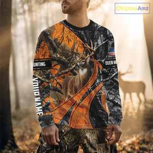 Whitetail Deer Hunting Orange and Black Camo Shirts with US Flag, Personalized Hunting Shirt NBT68