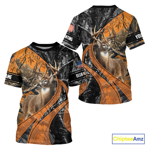 Whitetail Deer Hunting Orange and Black Camo Shirts with US Flag, Personalized Hunting Shirt NBT68